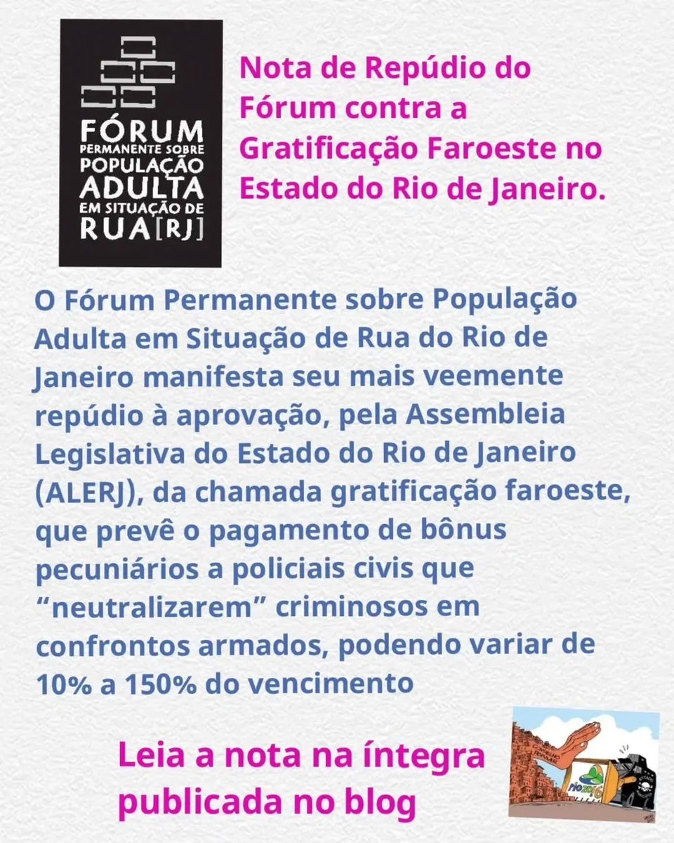 Nota de Repúdio do Fórum contra a Gratificação Faroeste no Estado do Rio de Janeiro.
Leia a  nota na íntegra : blogconselhopopularrj.wordpress.com/2025/09/29/not…