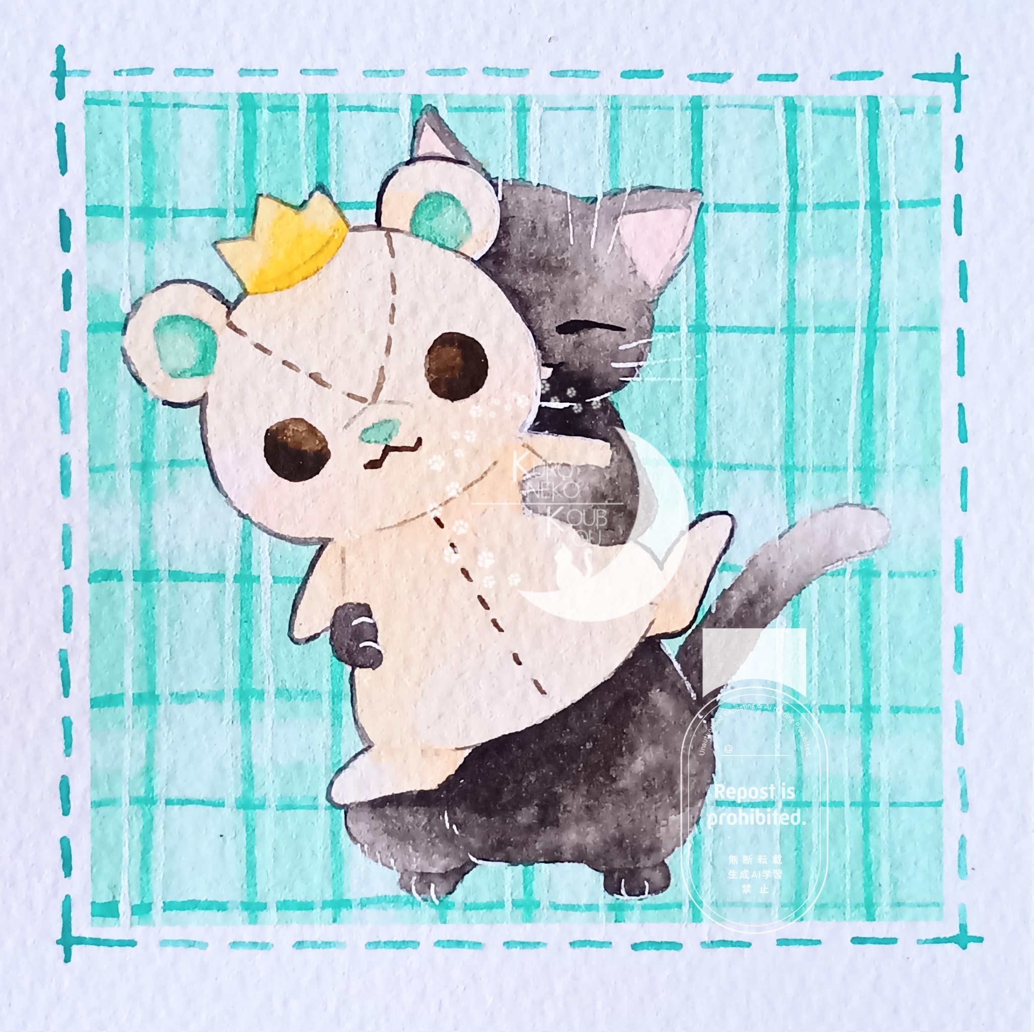 黒猫@ 【イラストオーダー】 尾九 開運イラスト 招き猫 黒猫 商売繁盛 A4サイズ フレーム付き