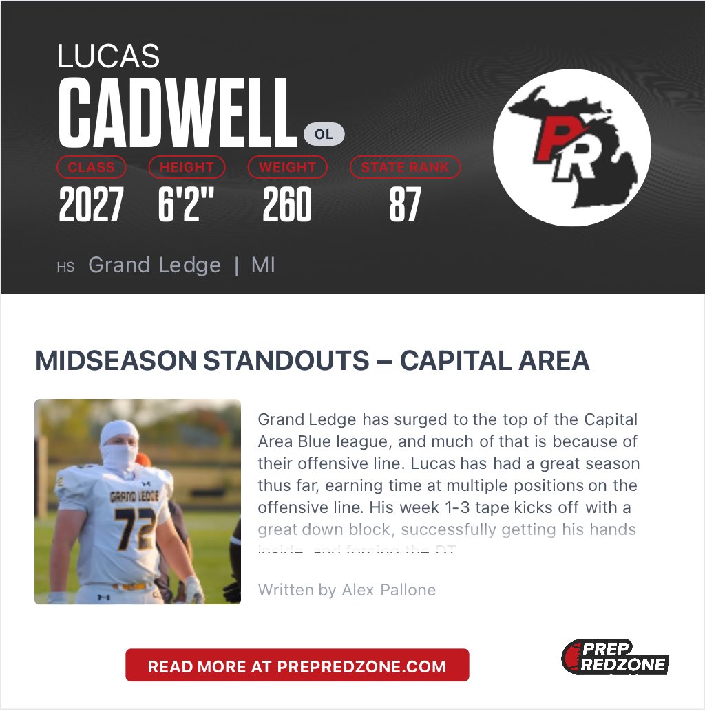 cadwell_lucas's tweet photo. Thank you @alex_pallone and @PrepRedzoneMI for the write up! Looking forward to improving throughout the season. We are home vs Everett tomorrow, huge conference matchup. @GL_football @Coach_Butler_ @pawlakjoe @grant_newsome @CoachPostmaGV @CoachParker @Coach_HThompson https://t.co/3NlqLG8f9N