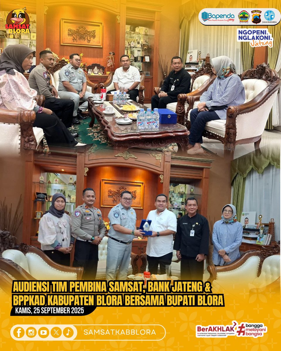 Tim Pembina Samsat Blora bersama dengan BPPKAD Kabupaten Blora dan bank Jateng Cabang Blora melaksanakan Audiensi bersama Bupati Blora dalam rangka Optimalisasi Opsen PKB dan Opsen BBNKB.

#SamsatJateng
#SamsatBlora
#SamsatBudiman
#NewSakpole
#PajakUntukJawaTengahmu