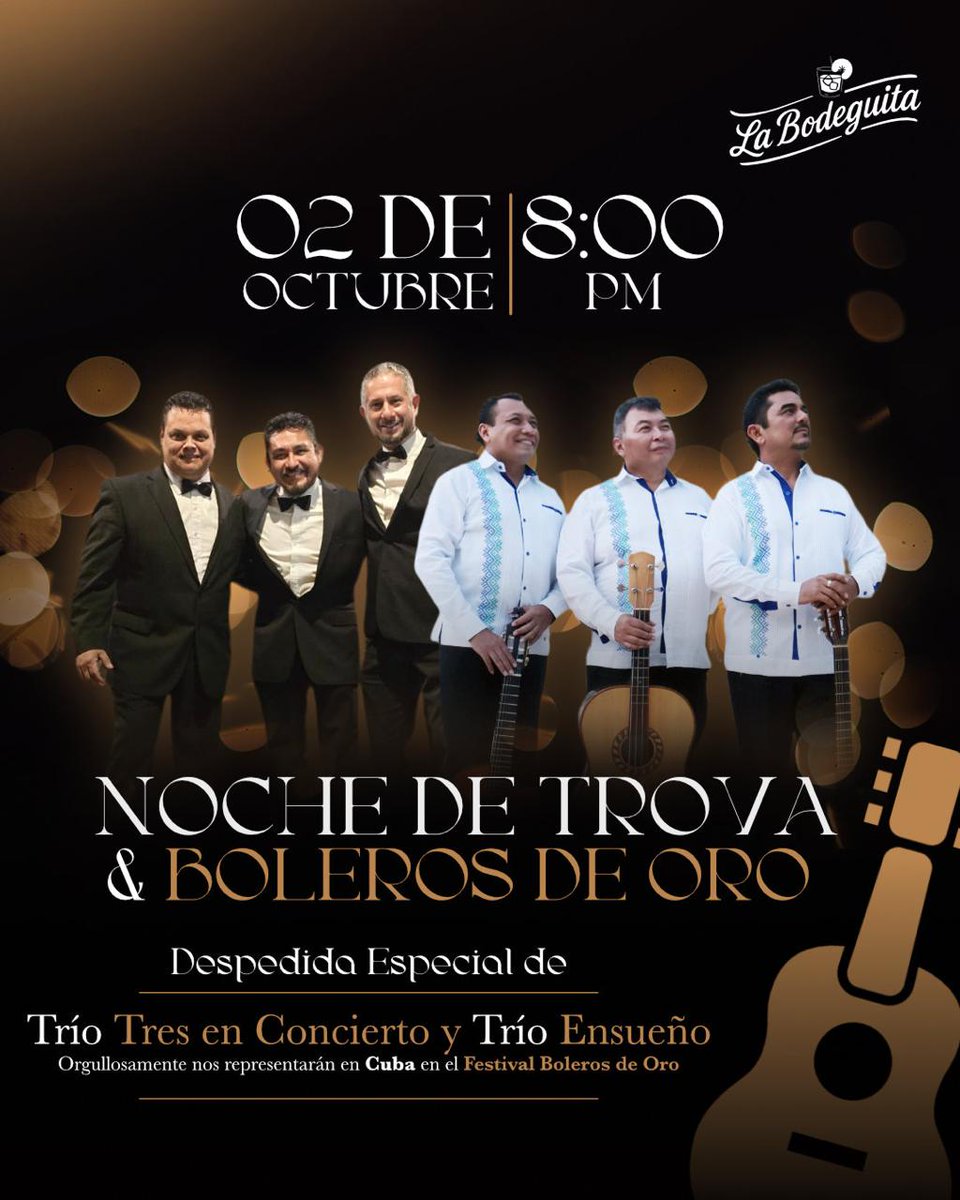 Saludamos a los músicos de los tríos "Ensueño" y "Tres en Concierto" que representarán #México🇲🇽 en el Festival Internacional Boleros de Oro en #Cuba🇨🇺.
#CubaesCultura