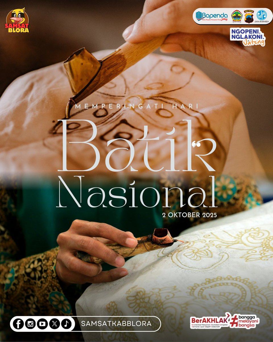 Selamat Memperingati Hari Batik Nasional, 2 Oktober 2025.

Mari lestarikan kekayaan budaya Indonesia melalui keindahan dan keunikan batik.

#SamsatJateng
#SamsatBlora
#SamsatBudiman
#NewSakpole
#PajakUntukJawaTengahmu
#PodcastBapenda
#MasSajak
#ngopeninglakoni