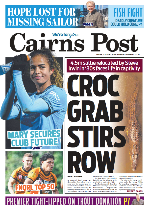 INSIDE TODAY: A powerful legal group has slammed the state over the controversial removal of a beloved 4.5-m crocodile from a Cape York waterway, demanding answers over “questionable” tactics to condemn the animal to a life in captivity. Digital edition:  bit.ly/41tGPEF