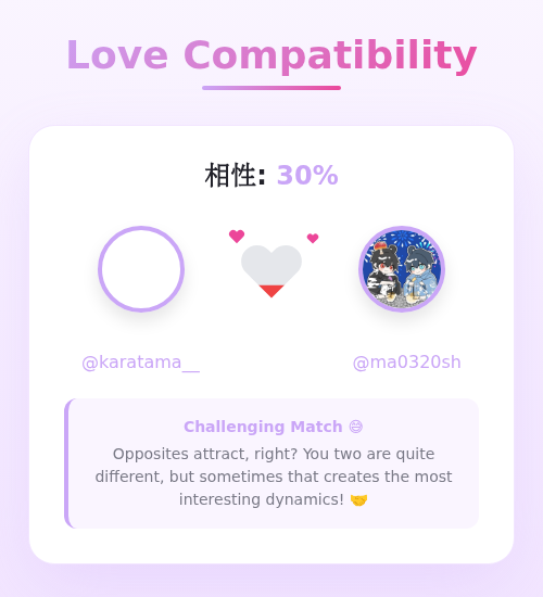 karatama__'s tweet photo. 私と @ma0320sh の恋愛の相性は 30%

➡️ https://t.co/VP4fbn4Nut https://t.co/eS6VX41SIQ