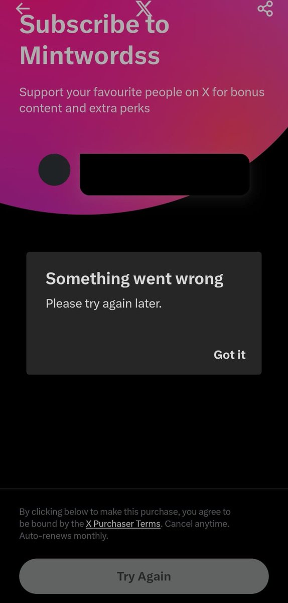 Mintwordss's tweet image. Dear 𝕏 Team,
My subscription works fine in the browser but the app hasn&apos;t recognized it yet, whenever people try to subscribe, they encounter an error. Hope 𝕏 fixes the bug ASAP... #𝕏Bug #subscription @Support @elonmusk @allegrajacchia @SmokeEx @Subscriptions @premium
