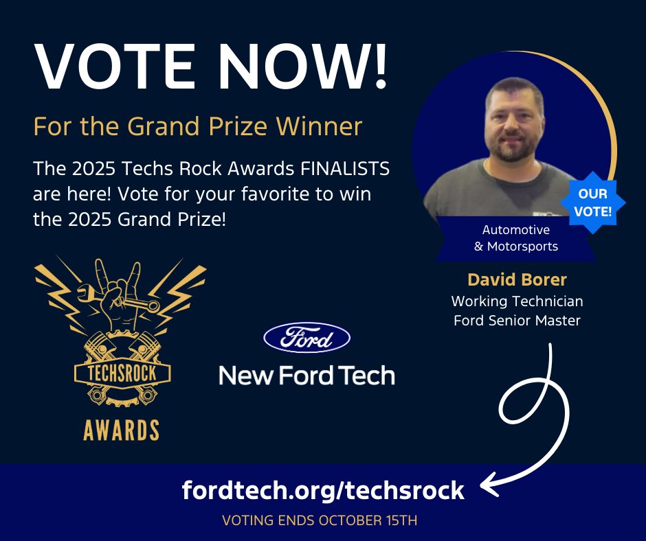 NewFordTech's tweet image. Have YOU VOTED?!? 🏆🔧🗳️

Vote for the 2025 #TechsRockAwards GRAND PRIZE Winners! Check out the 12 outstanding finalists and VOTE for your favorite TODAY! Our vote is going to David Borer, a #Ford Senior Master #Technician. VOTE NOW ➡️ fordtech.org/techsrock

#RespectTechs