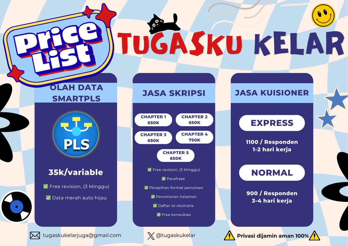 Tugaskukelar's tweet photo. Tugasku kini go-global!  Official pricelist udah rilis  dari olah data SmartPLS, jasa skripsi sampai kuisioner. Bayar gampang pakai QR Siap bikin tugasmu kelar? DM/order sekarang!  #TugaskuKelar #zonauang #skripsi #thesis #olahdata #Kuesioner https://t.co/tJyPMxkQAO