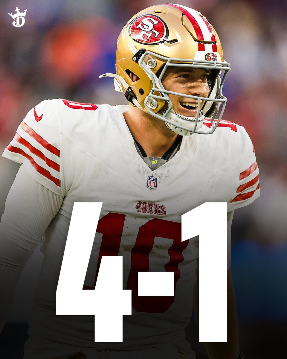 DKSports's tweet photo. No Brock Purdy.
No George Kittle.
No Ricky Pearsall.
No Brandon Aiyuk.
No Jauan Jennings.
No Nick Bosa.

…And the 49ers are still 4-1. 😳🔥 https://t.co/trTRvbRbmT
