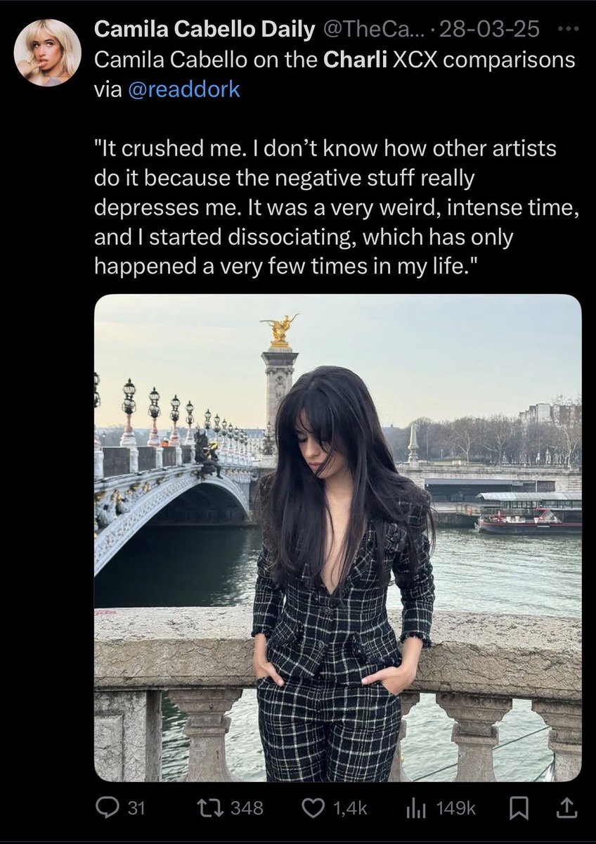 Charli XCX ruining Camila Cabello’s era, making her own fans throw shit at her and put the album in a genre that was not, all this bcs Charli was in her brat era, while Camila wondered if “I did something wrong to her?” (concerned about “friendship”)