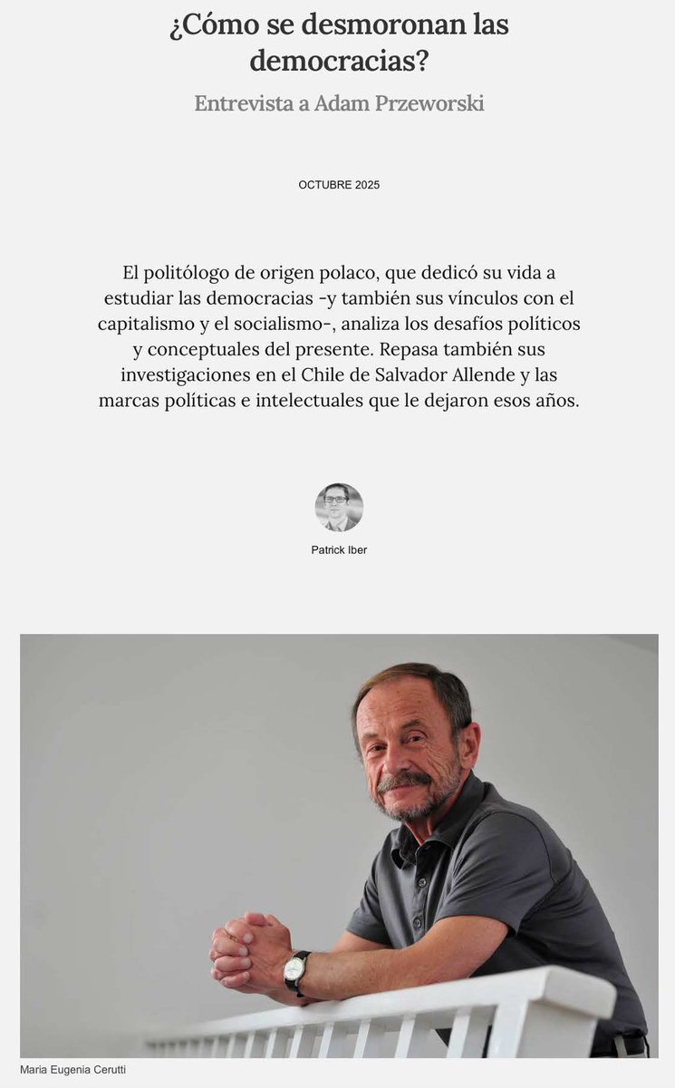 GerardoMunck's tweet photo. La @revistanuso acaba de publicar una entrevista de @PatrickIber al politólogo y teórico de la democracia Adam Przeworski.

Hablan sobre sus investigaciones sobre la democracia, Trump, la izquierda, y su paso por Chile.

Para leer la entrevista: https://t.co/sdvZwTYGDq https://t.co/cZHzqSXl5l