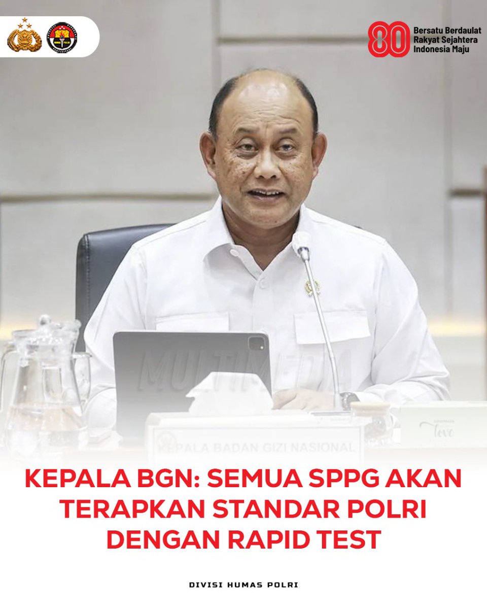 polres_mansel's tweet photo. Kepala Badan Gizi Nasional (BGN) Dadan Hindayana memastikan seluruh Satuan Pelayanan Pemenuhan Gizi (SPPG) akan dilengkapi rapid test sebagai langkah pencegahan keracunan makanan. Kebijakan ini disampaikan usai rapat di Kompleks Parlemen, Senayan, Jakarta, Rabu (1/10). https://t.co/TBnE6xiXrL