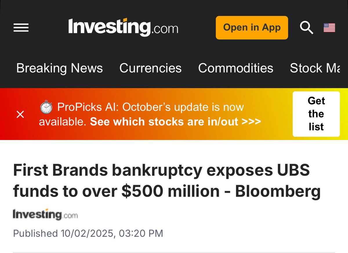 "First Brands bankruptcy exposes UBS funds to over $500 million - Bloomberg"

"...UBS Hedge Fund Solutions ranks as the largest unsecured creditor with a $233.7 million claim for providing supply chain financing to First Brands. 

Additionally, O’Connor, a hedge fund business