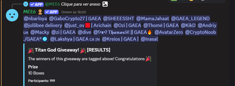 gabocrypto27's tweet photo. 🎉 Luck finally smiled again! @aigaealabs
After weeks of not winning anything, I scored the Titan giveaway and got 10 boxes!
And I wasn’t the only lucky one, in total, 20 winners were awarded 10 boxes each.
Congratulations to everyo3 ne who won too! 🙌
#GAEA #10Box #Discord #Titan #Giveaway #CryptoCommunity