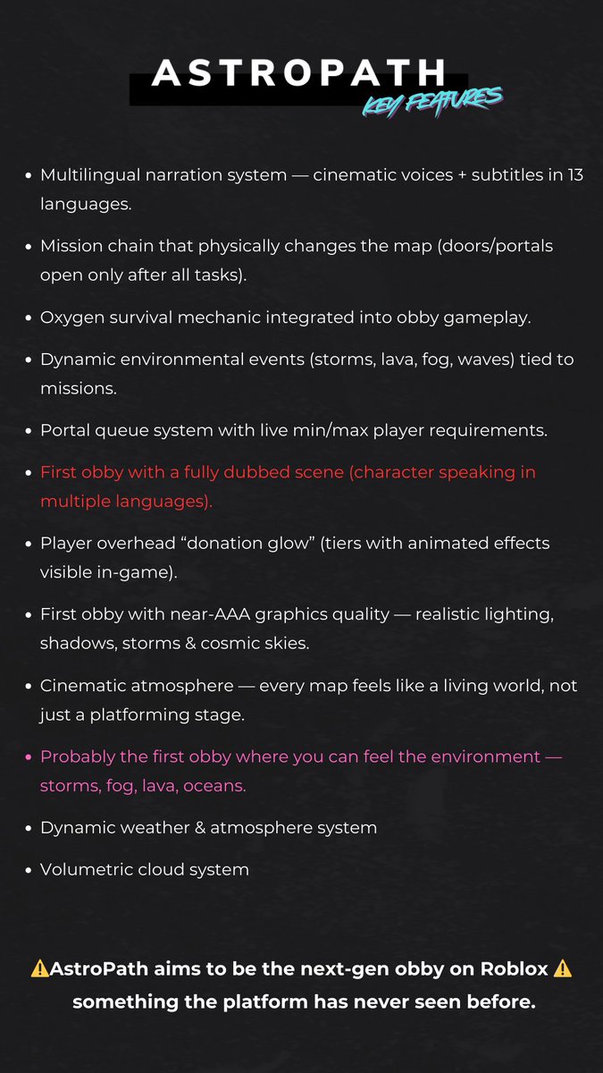 PCGameStudio1's tweet image. We’re excited to present the key features of AstroPath — just a glimpse of the many new systems the game will bring to @Roblox ! 🚀

And don’t miss out — today at 5:00 PM (CET) we’ll officially announce the date &amp;amp; time of the Worldwide Premiere! 🌍 #roblox #RobloxDev #Astropath