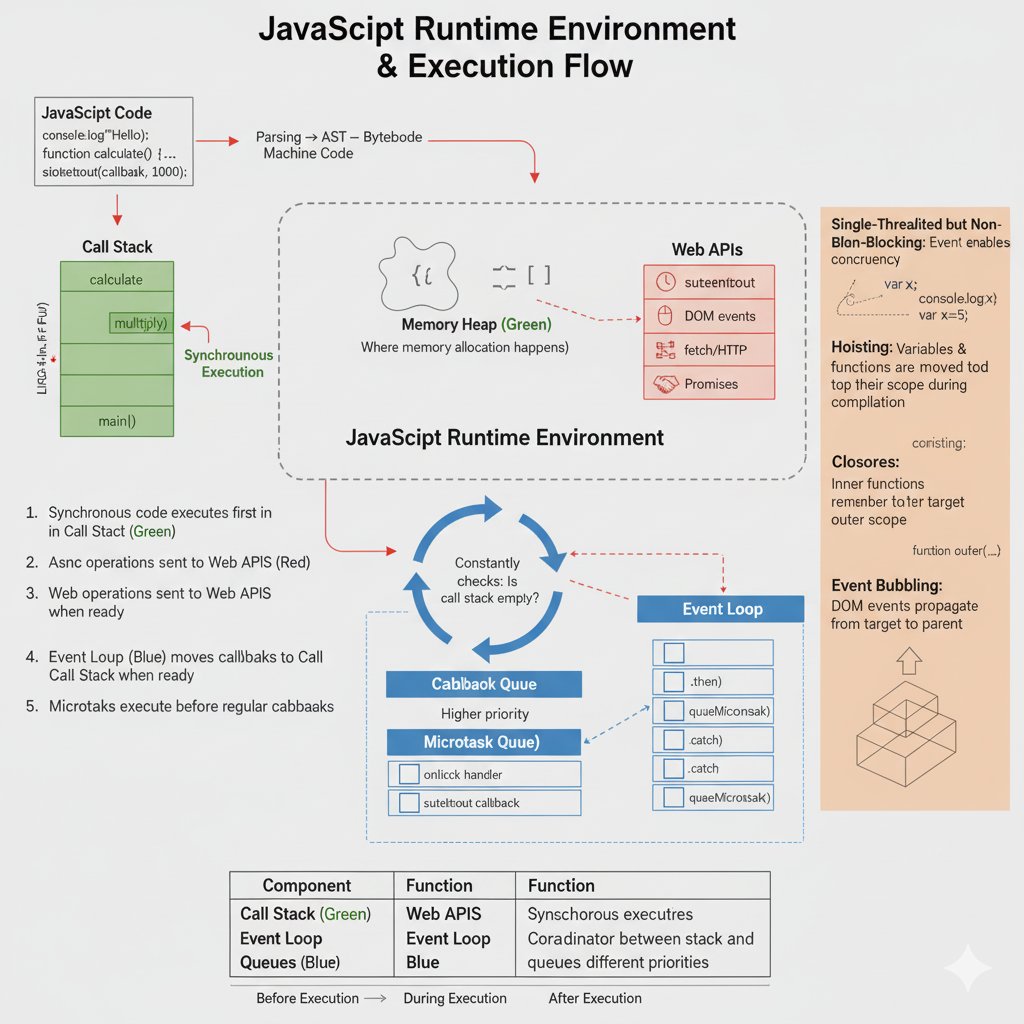 e_opore's tweet image. JS Runtime Explained: Call Stack, Web APIs, & The Event Loop
How single-threaded JS handles async operations without freezing your browser.
→ The V8 Engine parses code and runs Synchronous tasks on the Call Stack (LIFO). It’s fast, but it can only do one thing at a time.
→…