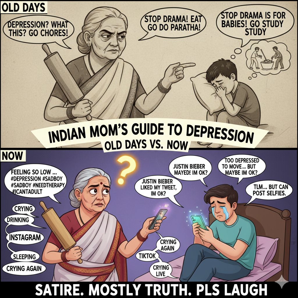 SatiricalVoice's tweet image. My grandmother&apos;s guide to sadness was silent suffering and a perfectly round roti. My guide is aesthetically pleasing tears on Instagram Live. Same vibe, just better lighting and a hashtag. Validation is the new therapy, sweetie. Pls send likes. #DesiHumor #MentalHealthHack…