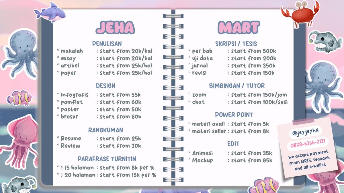 thisjualjasa's tweet image. holla 🐋 °°° jeha open joki tugas teman-teman 💗 tertulis dibawah ini, sebagai patokan harga (⁠ ⁠◜⁠‿⁠◝⁠ ⁠)

sesi diskusi bisa kita lanjutkan melalui kontak yang jeha cantumkan di bio 🦸