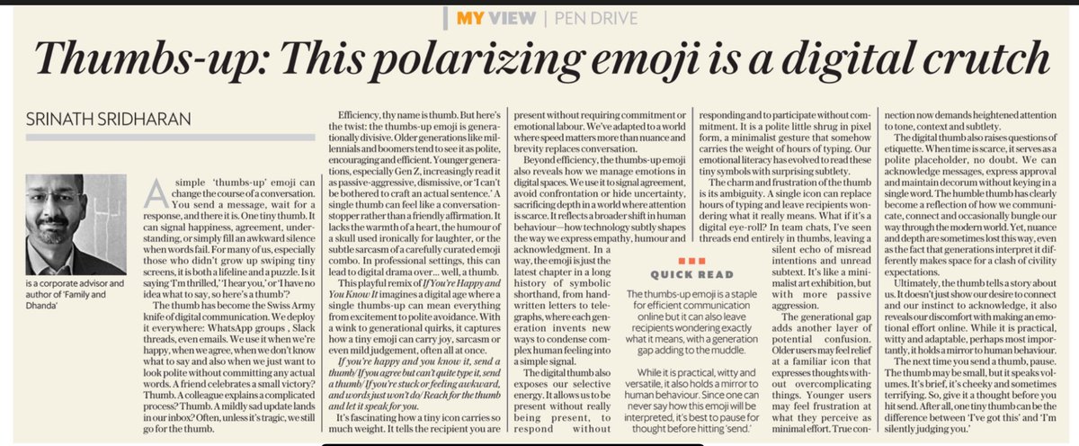 Ever received a 👍 and wondered if it was sent as “I agree” or “I can’t be bothered”? 

This #emoji can mean happiness, agreement, or fill awkward silences, making it, what I call as the ‘Swiss Army knife of digital conversation’.  

I write in <a href="/livemint/">Mint</a> 

livemint.com/opinion/online…