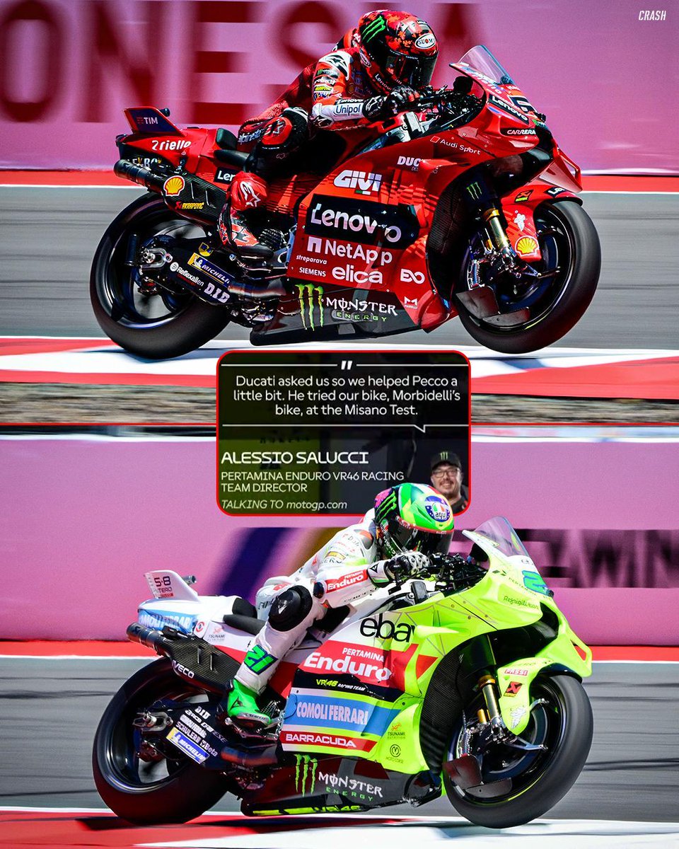 crash_motogp's tweet image. Uccio Salucci confirming to the MotoGP world feed that Pecco Bagnaia tested Franco Morbidelli&apos;s GP24 bike at the Misano Test ⚙️

#MotoGP #IndonesianGP