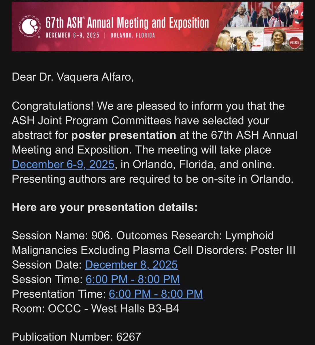 Thrilled to have 3 abstracts accepted for poster presentation at #ASH25! 🎉
Grateful to my mentors; <a href="/PerlaRcp/">Perla Colunga</a> for building such an amazing team and to my good friend <a href="/JamesFanWu/">James Wu | 吴简凡 MD</a>—met through ASH 2 yrs ago and his shared knowledge has been key to these works! 🥳