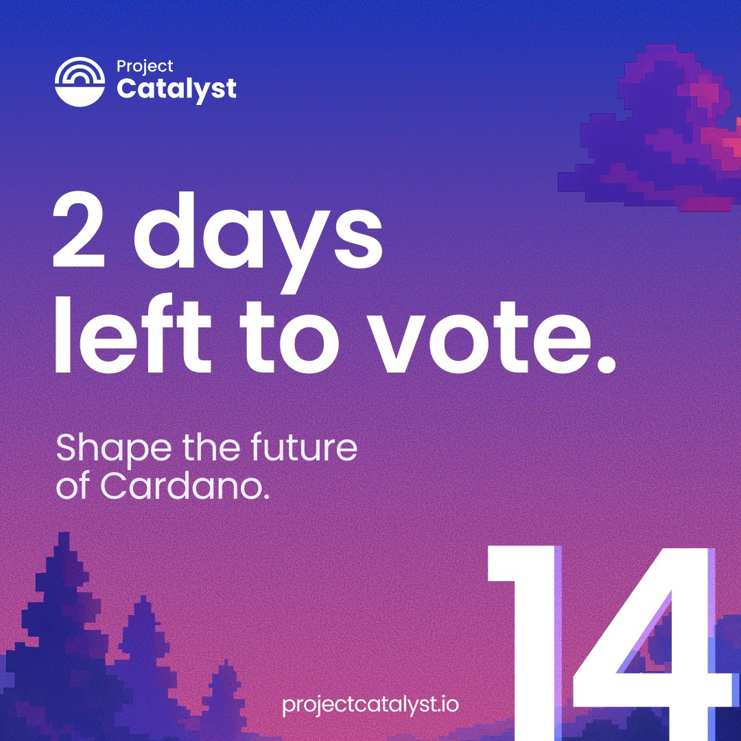 Catalyst_onX's tweet image. ⏳ Just 2 days before voting closes!
Don’t wait until the last moment—make your vote count and support the ideas shaping Cardano’s future.
🗳️ Deadline: Oct 6, 11AM UTC
📚 docs.projectcatalyst.io/current-fund/v…