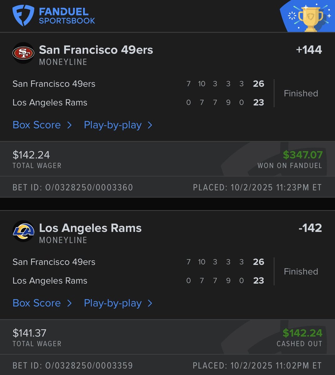 49ers ML ✅ 

had rams ml live like most people but 49ers popped up as +ev on fd so had to make the switch 👍