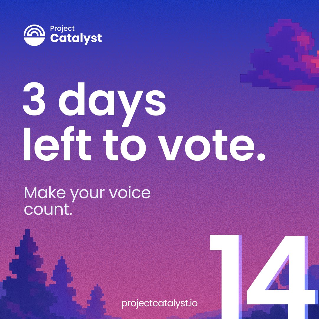Catalyst_onX's tweet image. 🗳️ Only 3 days left to vote in Fund14!
Your voice matters ✨ help shape the future of Cardano by casting your vote today.
⏰ Deadline: Oct 6, 11AM UTC
👉 How to vote: docs.projectcatalyst.io/current-fund/v…