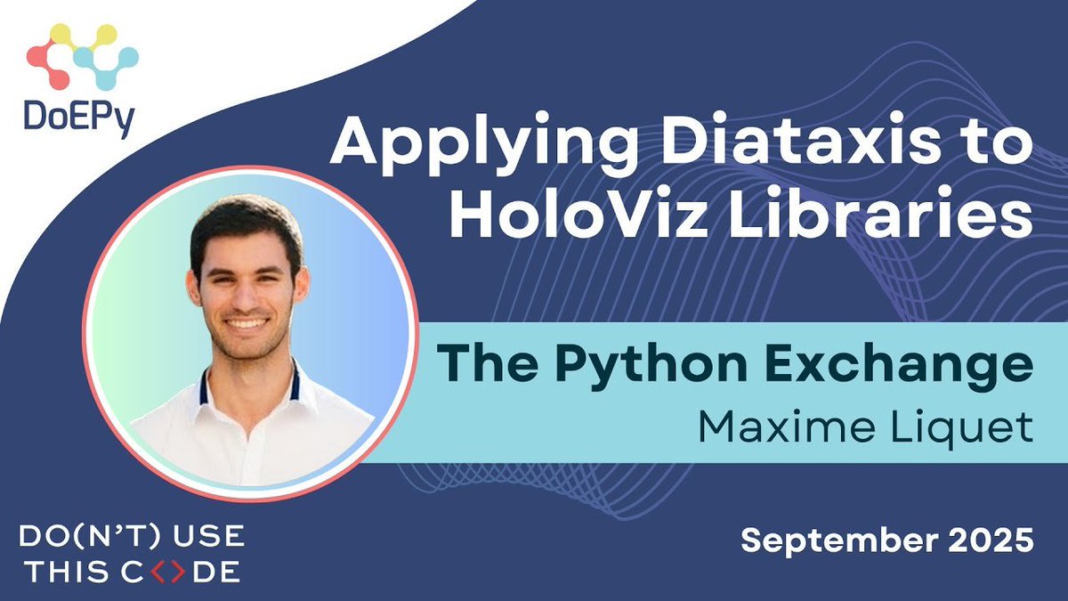 Check out "What we learned applying Diataxis to HoloViz libraries" by <a href="/MaximeLiquet/">Maxime Liquet</a> meetup.doepy.org/past.html.

Thanks to <a href="/RiddleMeCam/">Cameron Riddell</a> for the invitation.

#Python #Diataxis