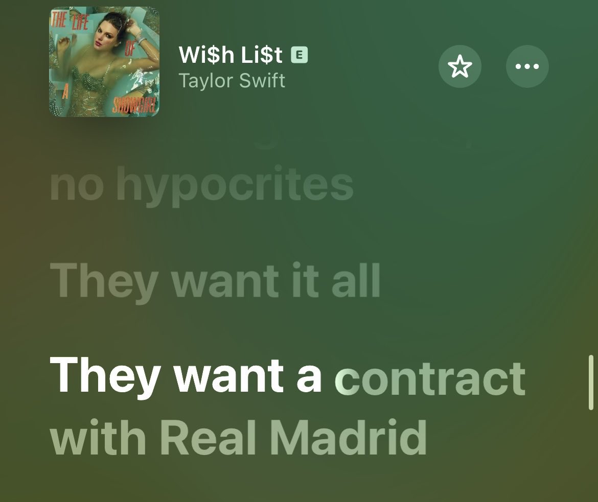 ⭐️ ⚽️ Taylor Swift menciona por primera vez en toda la historia de sus canciones a un equipo deportivo: ha elegido al Real Madrid.

Habiendo recorrido en la gira más exitosa de la historia todos los estadios del mundo, ha elegido al club blanco para ‘The Life of a Showgirl’