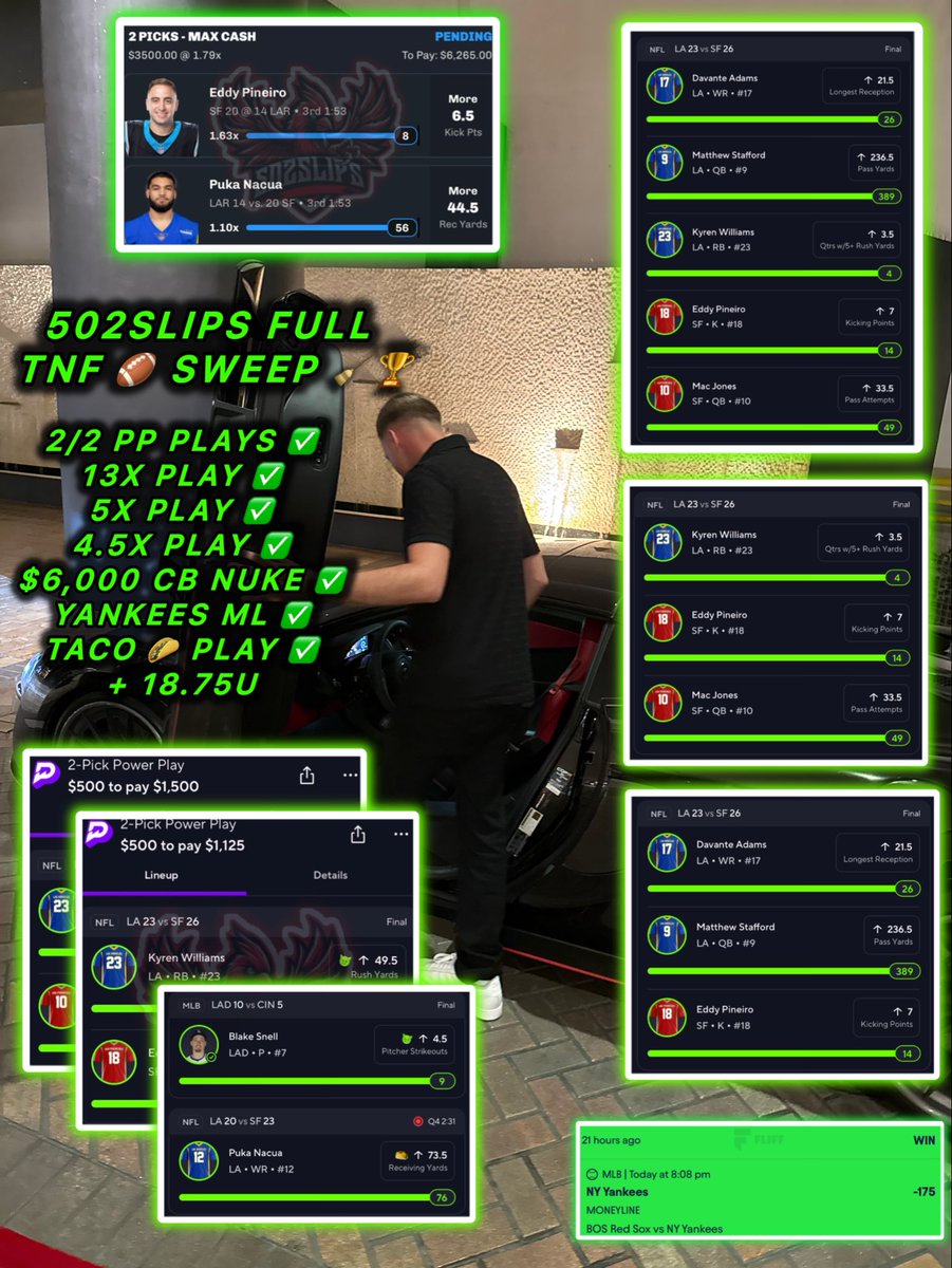 502_Slips's tweet photo. SENDING $500 📲 to 1 LUCKY 🍀 Follower MUST FOLLOW STEPS BELOW 🚨⤵️

FULL TNF 🏈 SWEEP 🧹⭐️

7/7 PLAYS ✅✅✅✅✅✅✅

1) FOLLOW @502_Slips 💚
2) LIKE/RT THIS POST ♻️

+18.75U ✅ THOUSANDS OF DOLLARS MADE TODAY 🚀 

$8,750 PREMIUM CASH ✅🔒

#PrizePicks | #GamblingX | #TNF | #NFL https://t.co/9YygxWcqbL