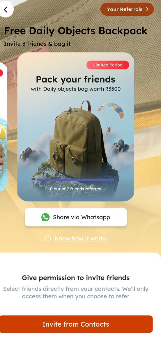 Another day, another set of Referral Benefits from <a href="/getscapia/">Scapia</a> .

✅Refer 3 people and get Daily Objects Bag 🎒

✅Refer 7 people and get Apple Airpods 🎧

<a href="/prashantnhn/">Prashant</a> @VVikiLuxe <a href="/AmazingCreditC/">Amazing Credit Cards</a> <a href="/CreditCruze/">CreditCruze</a> <a href="/SartanparaYash/">Yash Sartanpara</a> <a href="/CardMavenIn/">CardMaven</a> <a href="/ccg33k/">Akash</a>