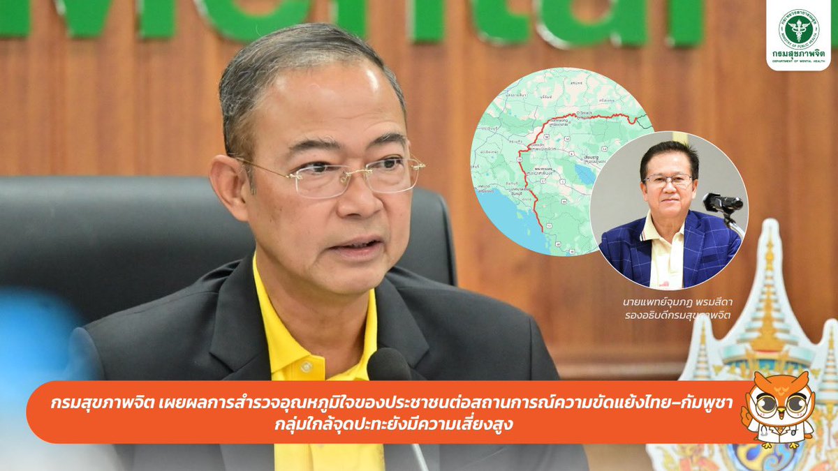 PR_dmh's tweet image. กรมสุขภาพจิต เผยผลการสำรวจอุณหภูมิใจของประชาชนต่อสถานการณ์ความขัดแย้งไทย–กัมพูชา กลุ่มใกล้จุดปะทะยังมีความเสี่ยงสูง
shorturl.asia/tWCIq
#กรมสุขภาพจิต #ชายแดนไทยกัมพูชา
