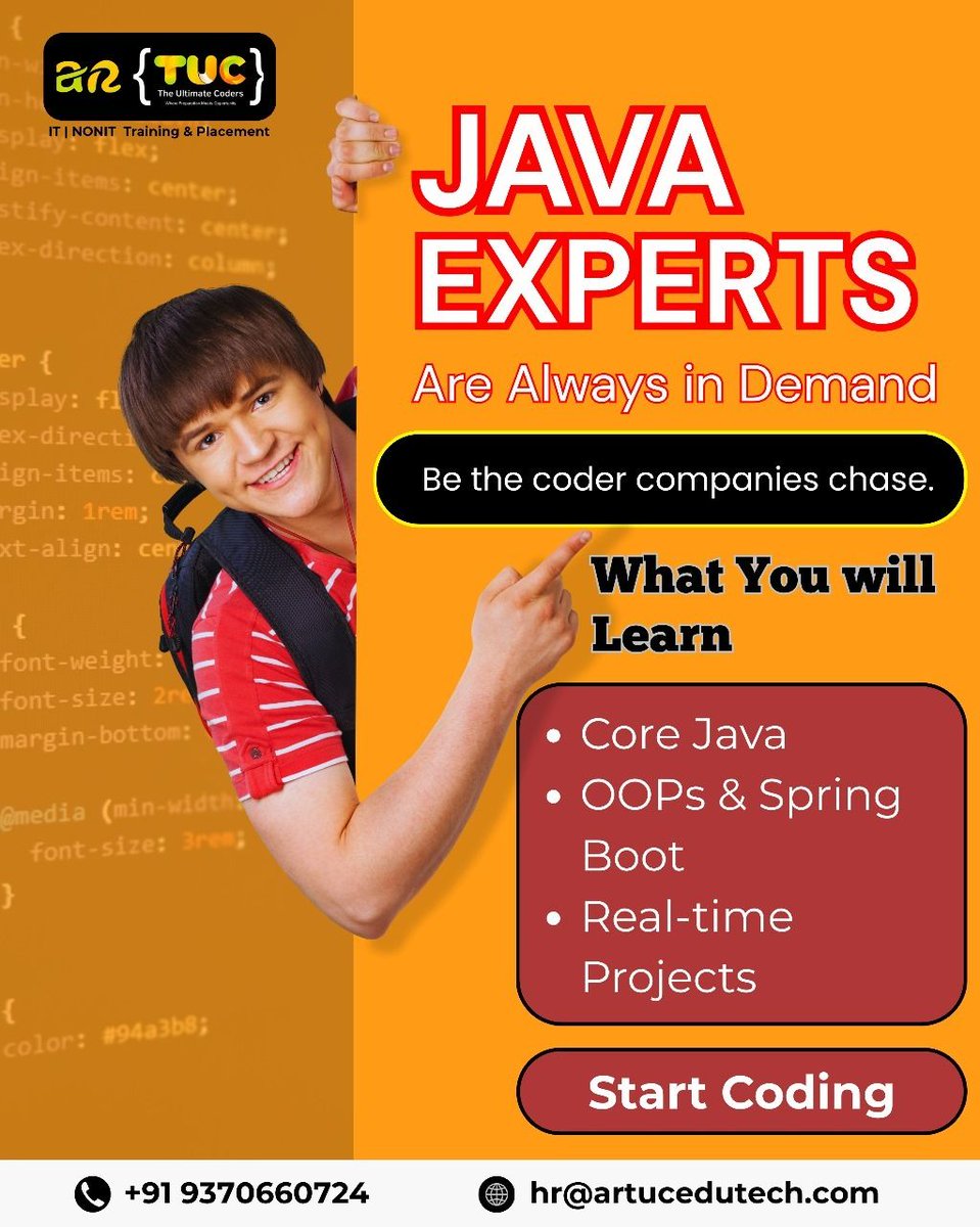 ar_tuc59391's tweet image. Unleash Your Inner Java Pro! Master Core Java, OOPs & Spring, Boot, and Real-time Projects to Become the Hottest Coder Companies Chase After! 🌟 Level Up Your Skills Now! 🚀
#Java #JavaExperts #CoreJava #OOPs #Spring #Boot #RealTimeProjects #CodingJourney #LearnToCode #ARTUC
