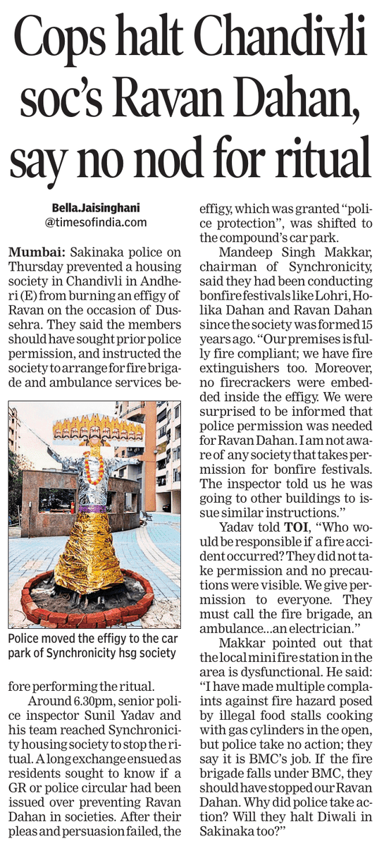 ChandivaliCCWA's tweet photo. Cops halt Chandivali society's Ravan Dahan, say no nod for ritual. 
Report by @bellaj_123 in today's @TOIMumbai 
@richapintoi @VarshaEGaikwad @Mi_DilipLande
Link to story : https://t.co/bmPDwDC5yH https://t.co/ri6Jp9Knhy