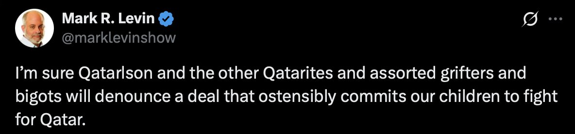 ThomasEWoods's tweet image. Israel doesn't have all that much influence in the U.S., say neocons like Levin. The real power center is Qatar

They are trying to tell you Qatar, a country no American can pronounce, dominates U.S. politics

Do they think you're an idiot, or are they openly gaslighting you?