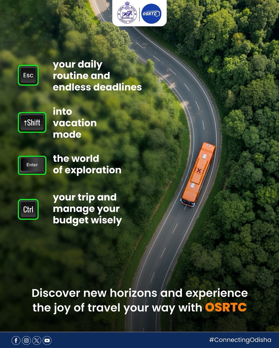 OSRTC_Odisha's tweet image. Escape the daily grind! 🚍✨ 
Transform your routine into a vacation with OSRTC! Discover new horizons, explore the world, and travel smart on a budget. 
Experience the joy of travel your way with OSRTC!  
#ConnectingOdisha #OSRTCforall