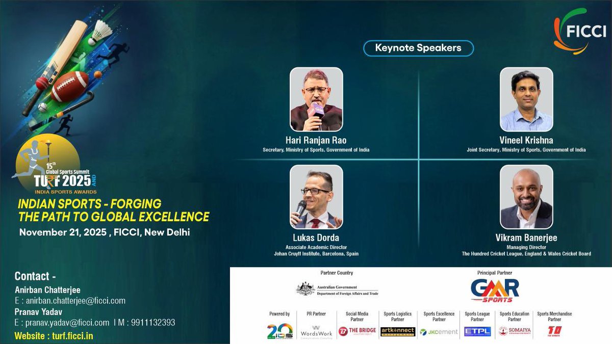 ficci_india's tweet photo. Mark your calendars for #TURF2025 - 15th Global Sports Summit scheduled for 21st November 2025 at the Federation House, New Delhi.
This annual platform will bring together voices from across the sporting ecosystem to discuss innovation, leadership, and the business of sport.
Register at https://t.co/0fJjl6EWfB