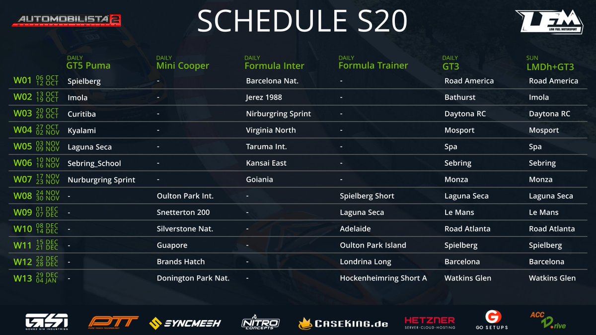 Next Monday we start Season 20. Here's the schedule for Automobilista 2.
lowfuelmotorsport.com

#lowfuelmotorsport #LFM #simracing #motorsports #automobilista2 <a href="/ReizaStudios/">Reiza Studios</a>