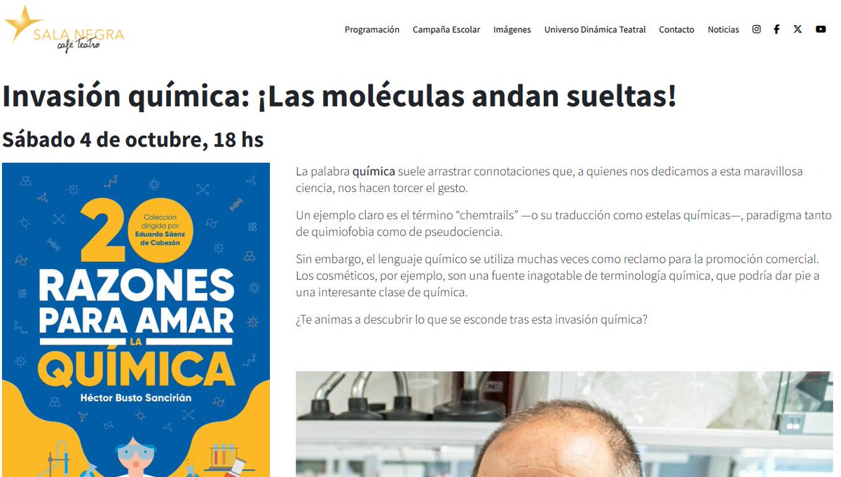 Un lujo participar en el programa Sala Negra Escéptica de <a href="/LaSalaNegra/">Sala Negra</a>  con la charla “Invasión química: ¡las moléculas andan sueltas! Péptidos, paracetamol, dióxido de cloro… Reserva tu entrada en: sala-negra.com/evento/invasio…