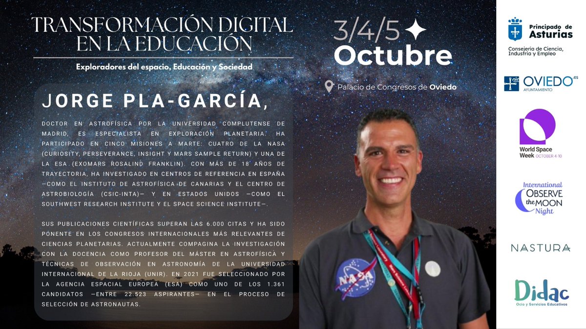 🔴 Mañana viajaremos a Marte… desde Oviedo, en las I Jornadas de Transformación Digital en la Educación🔴 Hablar de Marte es hablar de nuestro futuro y de cómo enseñar a las nuevas generaciones a explorarlo.
📍 Palacio de Exposiciones y Congresos
🗓️ Sábado 4 de octubre. 10:30h