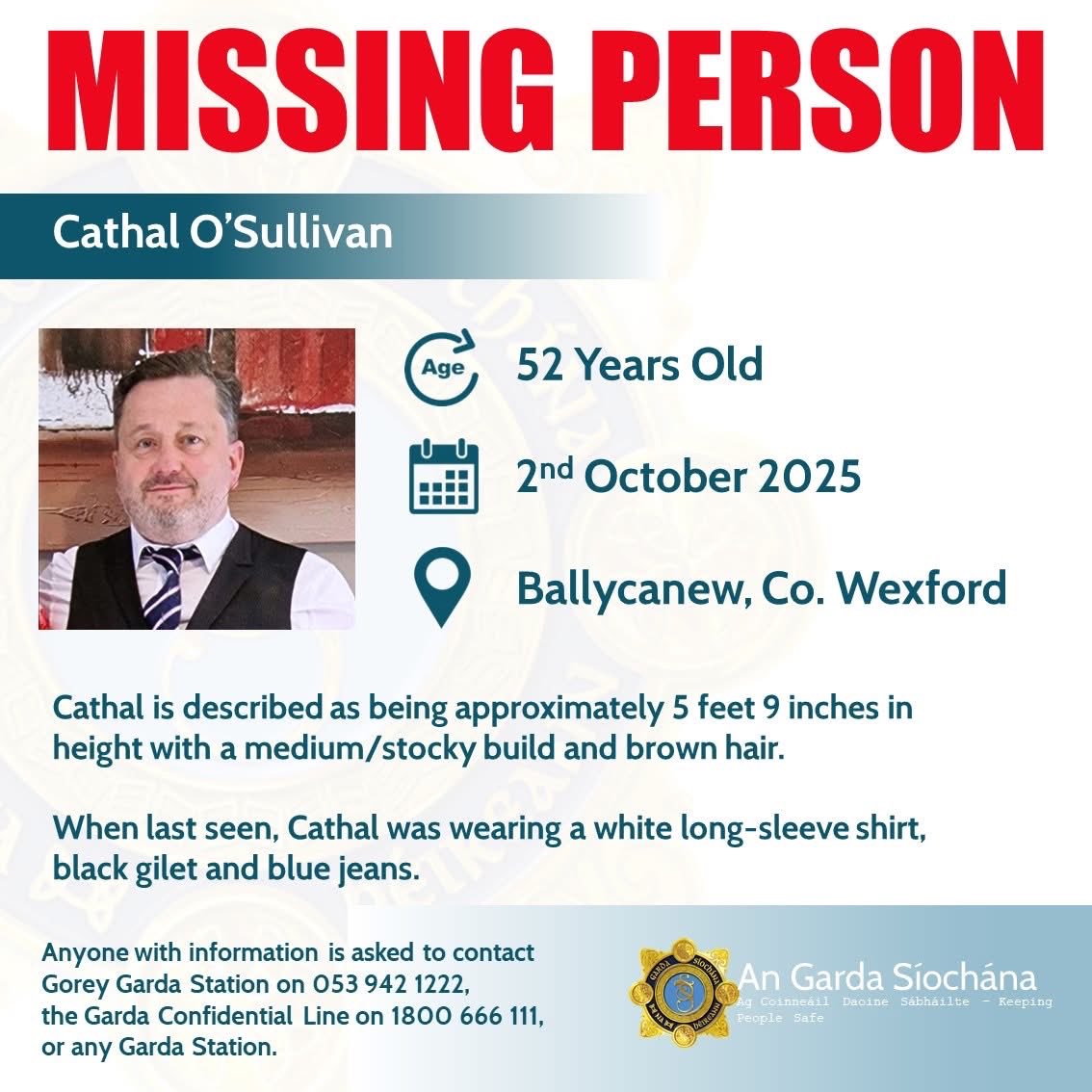 Missing person in #Wexford Please God he’ll turn up safe and well.