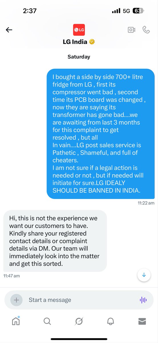 ahir78's tweet photo. It’s a shame that LG is not bothered on complaints ….there is no way one can get them to make them do their jobs. They are really making a fool out in Indian customers. https://t.co/ZqygX1H3LY