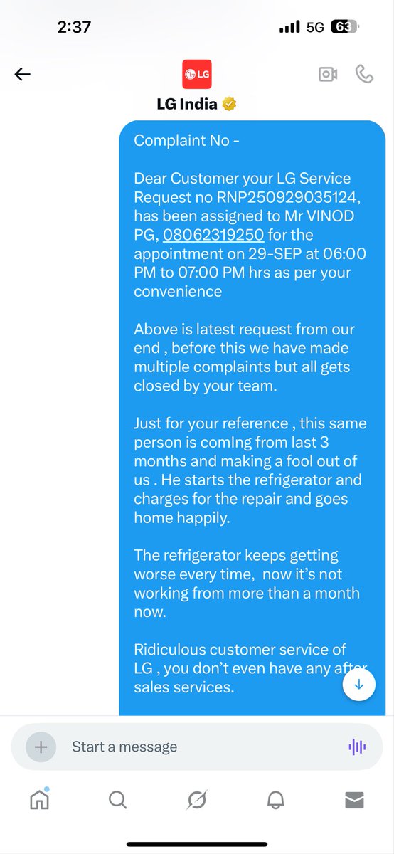 ahir78's tweet photo. It’s a shame that LG is not bothered on complaints ….there is no way one can get them to make them do their jobs. They are really making a fool out in Indian customers. https://t.co/ZqygX1H3LY