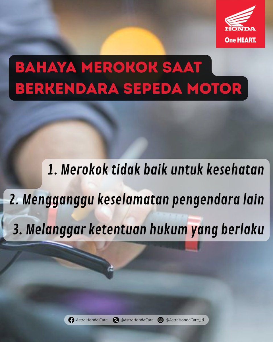 BroSis, pemerintah melarang keras terhadap mereka yang berkendara sambil merokok lho, karena hal tersebut dapat mengganggu konsentrasi pengendara ketika di jalan. Mau tau bahaya merokok saat berkendara motor di jalan raya? Yuk cek postingan MiGan berikut!
.
BroSis butuh info