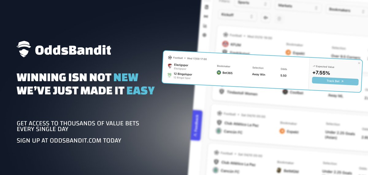 It's never been easier to become a winner at sports betting. Have you tried OddsBandit yet? 

Sign up for free and access thousands of value bets.
