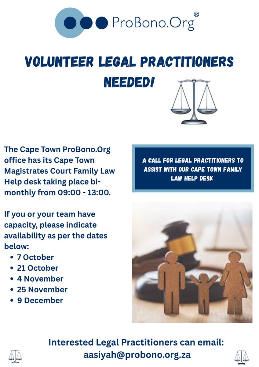 📢 Calling all Cape Town Legal Practitioners! 

We’re  looking for committed legal practitioners to volunteer at our Family Law Help Desk.

🕘 Time: 09:0 - 13:00 

Interested in volunteering?
📩 Email Aasiyah at aasiyah@probono.org.za