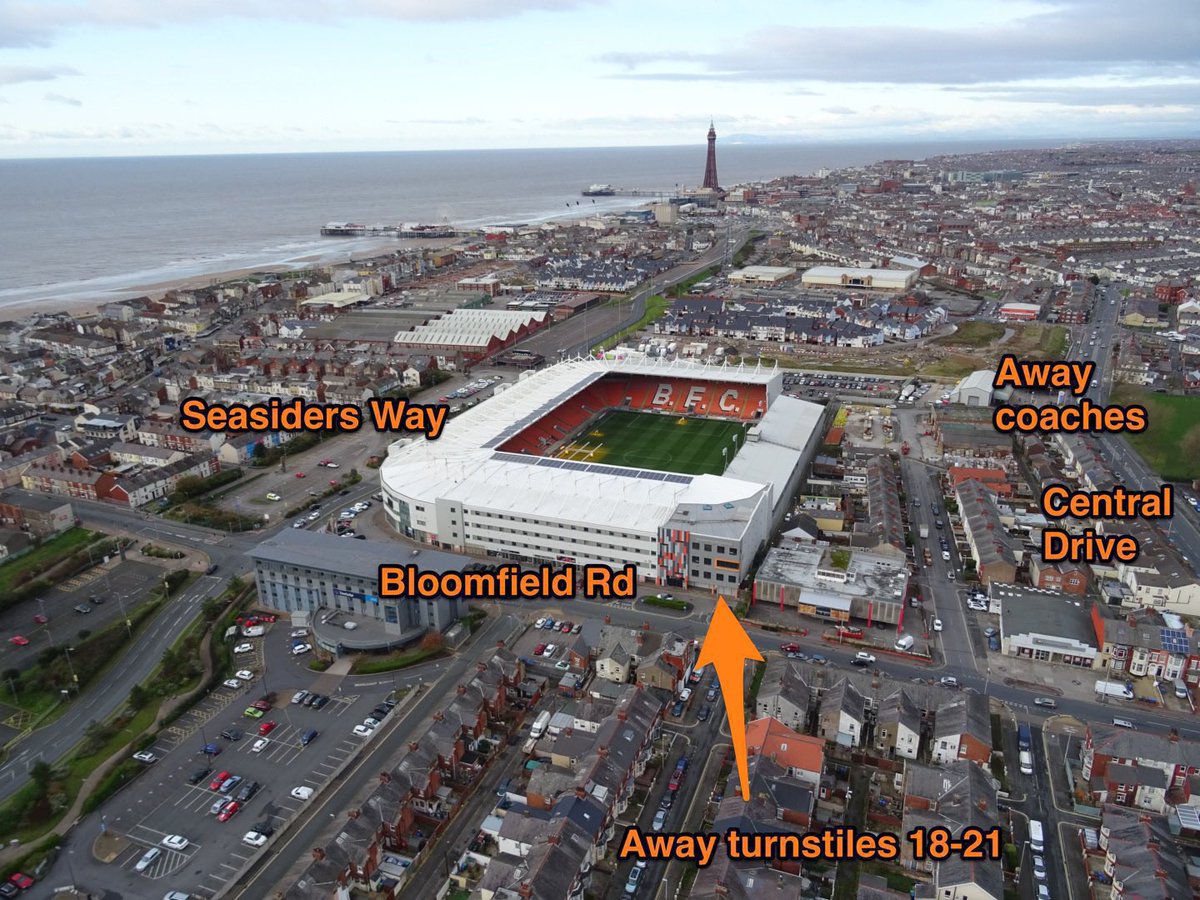 Any <a href="/AFCWimbledon/">AFC Wimbledon</a> fans heading to Bloomfield Rd tomorrow, Away supporters will enter via the South East turnstiles 18-21. You will exit out of the exit gates in the South East corner and coaches will be parked up on Central Drive 🚌