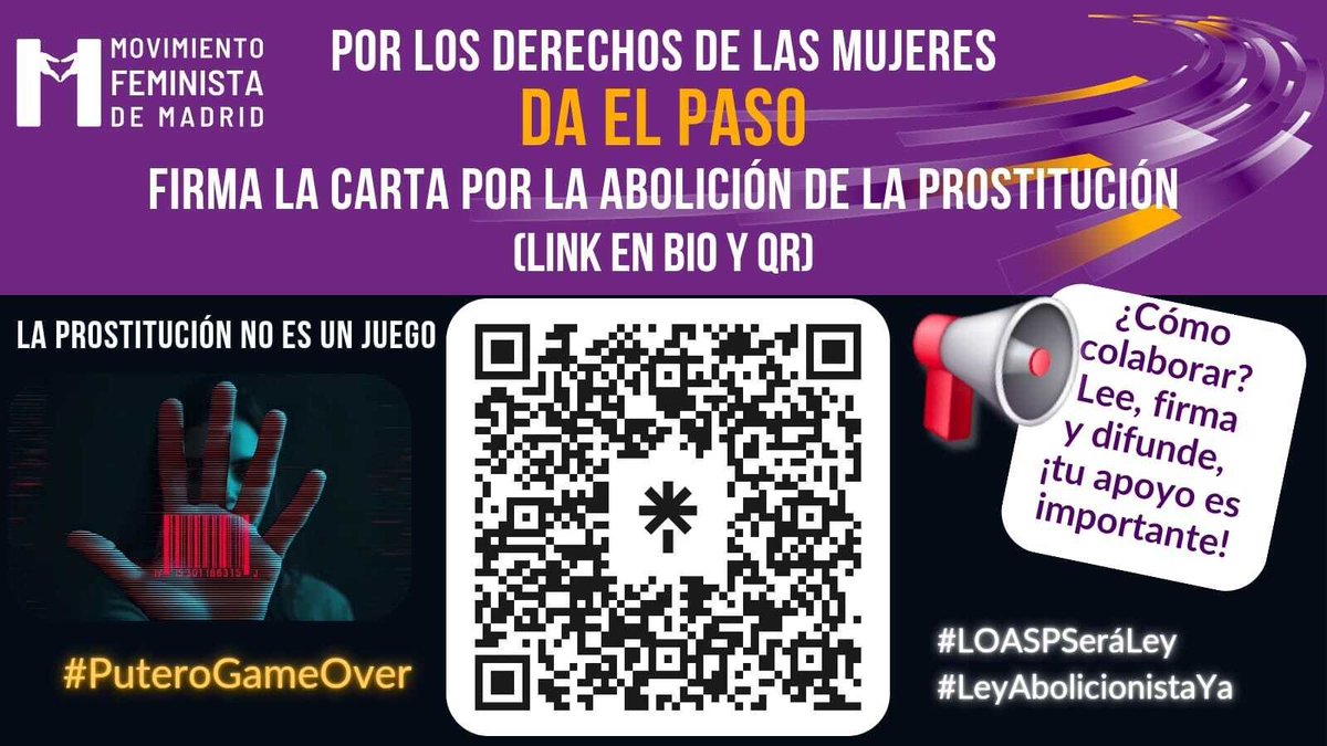 Por los derechos de las mujeres, por todas!!! 📢 ¡¡¡PASA A LA ACCIÓN!!! ✍️ 
Lee, firma, difunde el formulario de apoyo a la carta en la que exigimos la abolición de la prostitución.
El link en nuestra bio y este código QR 👇 

#LeyAbolicionistaYa #PuteroGameOver #LOASPSeráLey