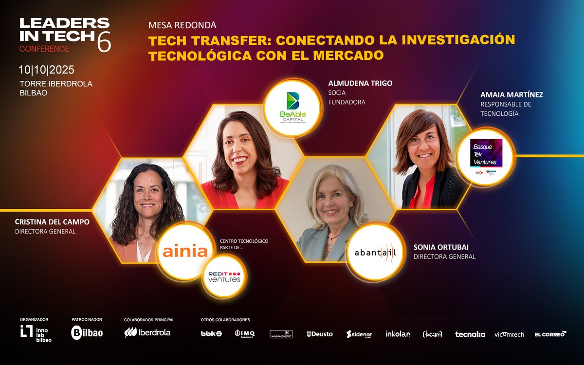 InnolabBilbao's tweet image. ¡#TechTransfer tiene su plaza asegurada en esta sexta edición #LeadersInTech!

Junto a Cristina del Campo (@ainiatecnologia), Almudena Trigo (@BeAbleCapital), Sonia Ortubai (@ABANTAIL) y Amaia Martínez (@grupospri).

🗓️ 10 de octubre
📍 Bilbao
✍️ acortar.link/qeaTu1