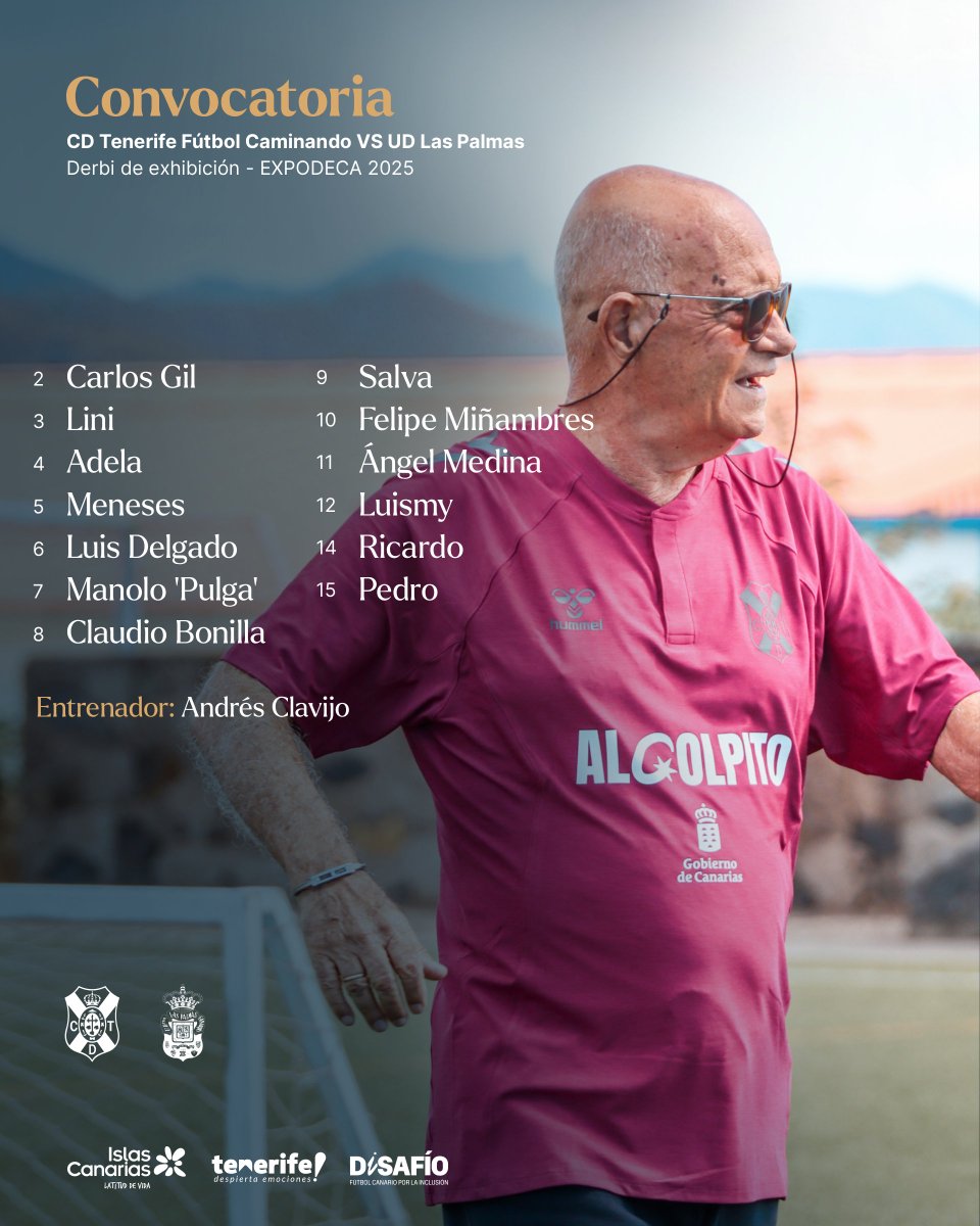 📋 CONVOCATORIA | Convocatoria #blanquiazul para disputar el derbi de exhibición en EXPODECA 2025 frente a la <a href="/UDLP_Fundacion/">UDLP Fundación</a> (4/10; 11:30 horas; terraza del <a href="/recintoferialtf/">RecintoFerialTf</a>) ⚪️🔵

¡Te esperamos en el derbi 💪🏻!

<a href="/CDTOficial/">CD Tenerife 🏴󠁧󠁢󠁳󠁣󠁴󠁿</a> #DISAFÍO #ISLENIOR #ALGOLPITO <a href="/Deportecanario/">Deporte canario</a> <a href="/PresiCan/">Presidencia GobCan</a>